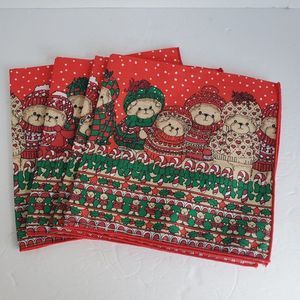 LOT of 4 Vintage Christmas Cloth Napkins Teddy Bears 80's Lucy Rigg